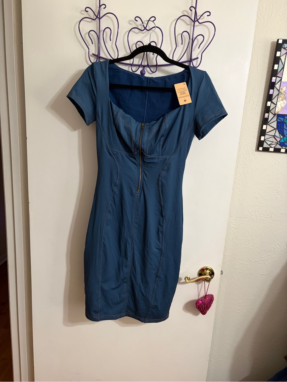 💜 Large Popilush Fitted Short Sleeve Blue Zip-Front Mini Dress NWT